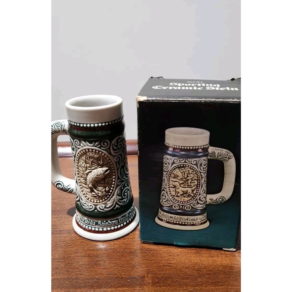 Avon Mini Beer Stein English Setter Rainbow Trout Handcrafted Brazil 1983 Mug